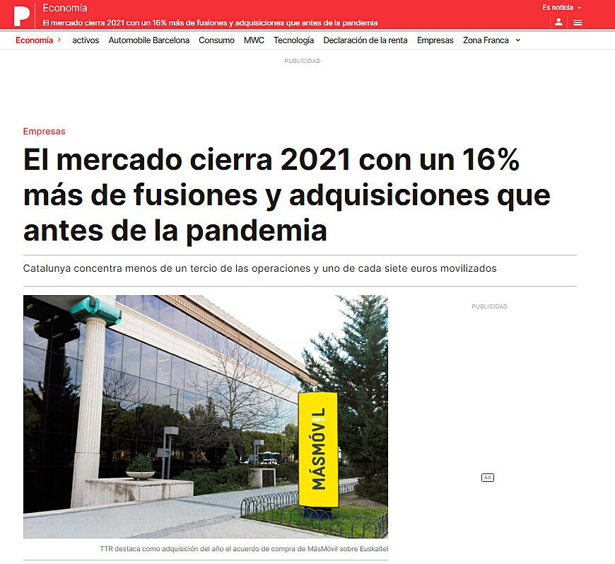 El mercado cierra 2021 con un 16% ms de fusiones y adquisiciones que antes de la pandemia